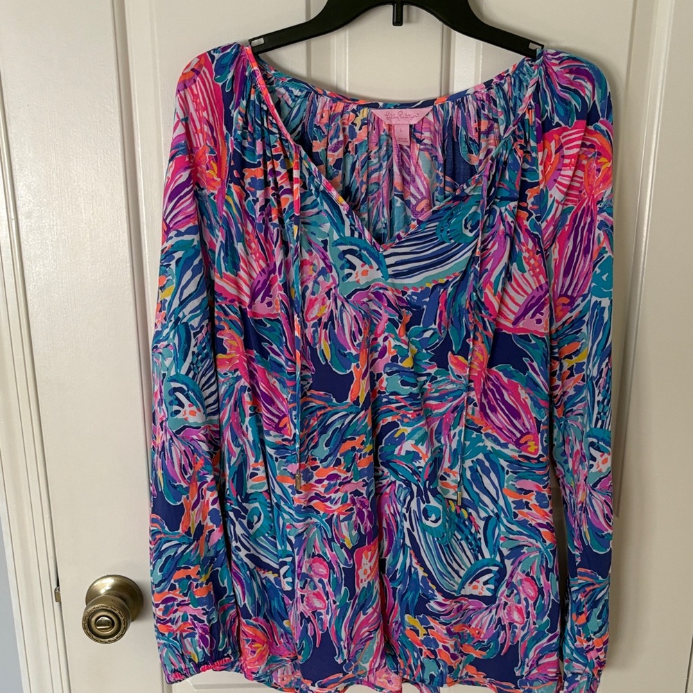 Lilly Pulitzer Blue Pink Teal Multicolor Floral Tunic